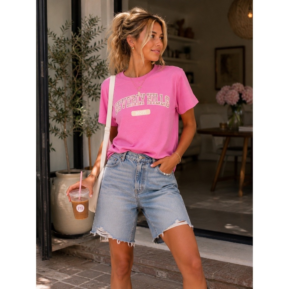 Beverly Hills 90210 Tee Womens Small‎ Pink Graphic Rhinestone Preppy Y2K Shirt